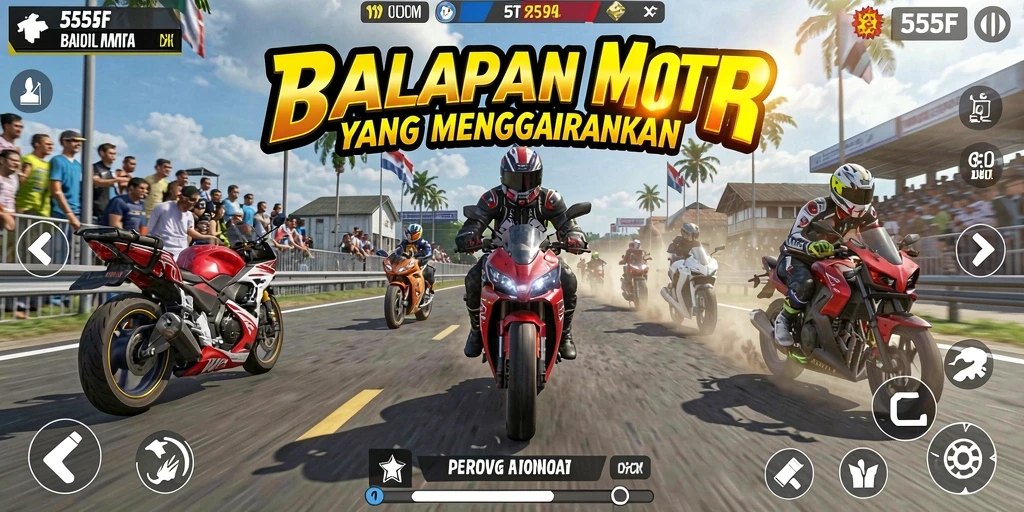 Screenshot menampilkan aksi balapan motor yang seru.