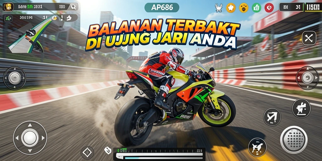 Tangkapan layar utama AP686 menampilkan serunya balapan motor dengan latar belakang yang indah.