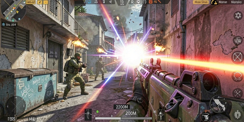 Tangkapan layar D200M menampilkan aksi bermain FPS yang mendebarkan.