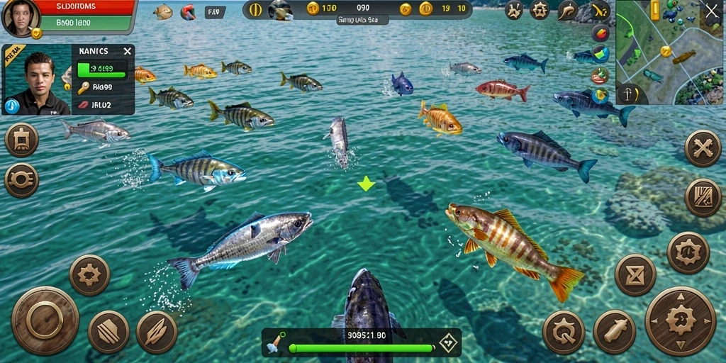 Screenshot gameplay FA99 menampilkan aksi seru menembak ikan di laut.