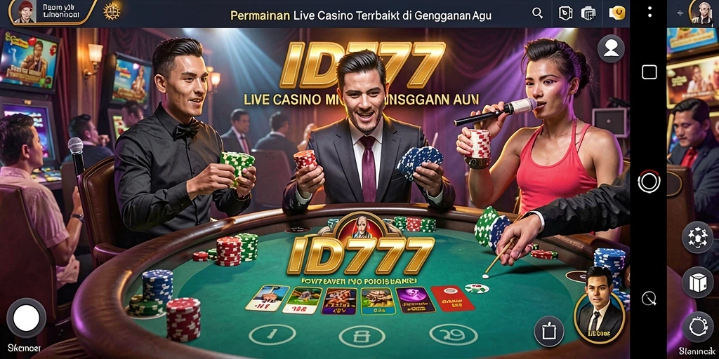 Screenshot gameplay ID777 menampilkan dealer langsung dan suasana kasino hidup.