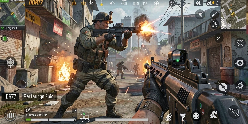 Screenshot menampilkan aksi tembak-menembak yang intens dalam game FPS IDR77.