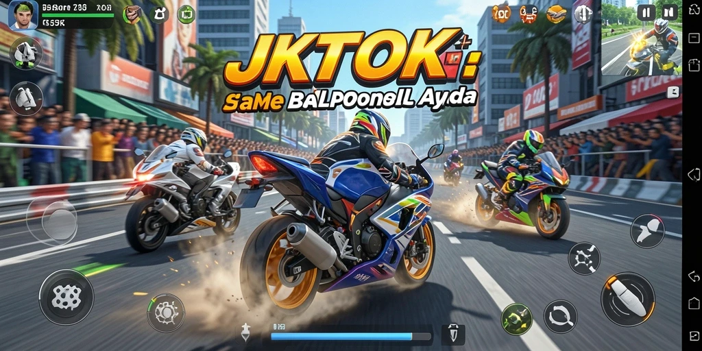 Gameplay JKTOK yang mendebarkan dengan balapan motor penuh adrenalin.