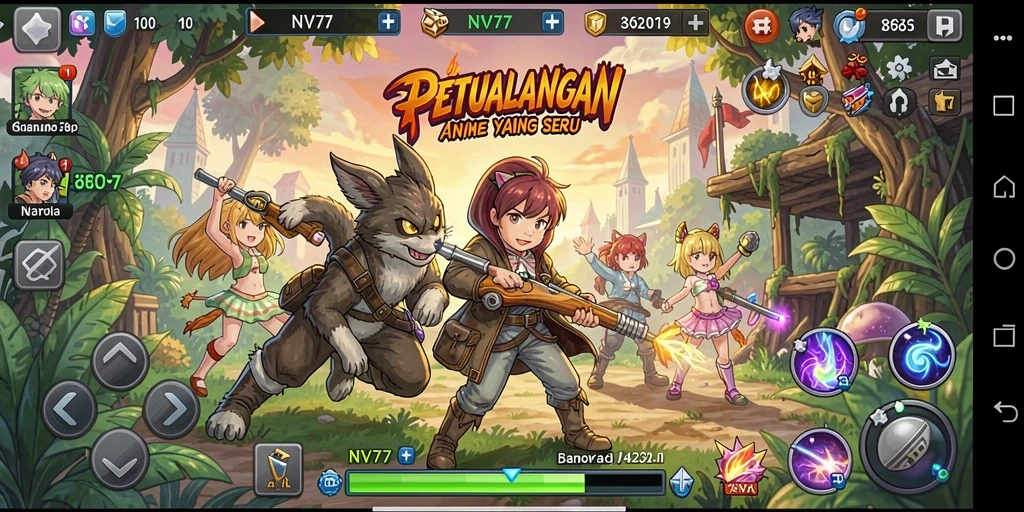 Tampilan gameplay NV77 dengan karakter Anime yang dinamis dan aksi seru.