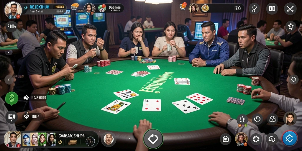 Gameplay seru REJEKIHUB dengan tampilan meja Poker.