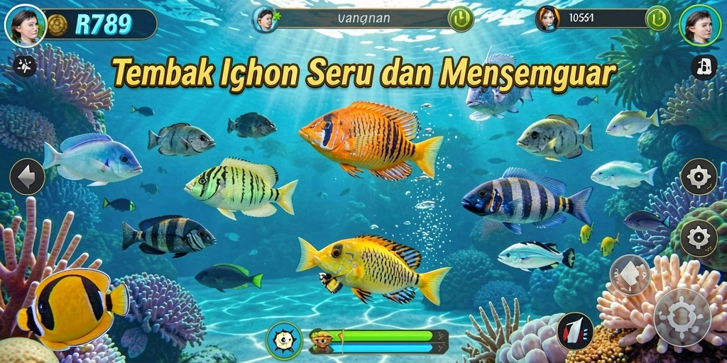 Tampilan gameplay seru dari RR789 saat menembak ikan.